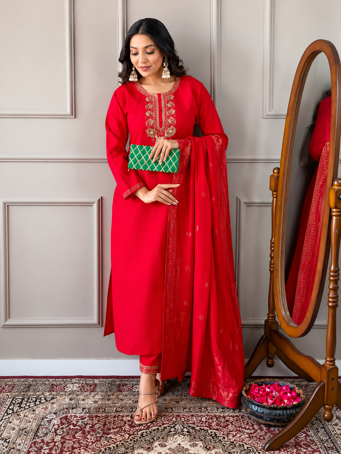 Red Embroidered Straight Kurta Pant Set with Dupatta for Women