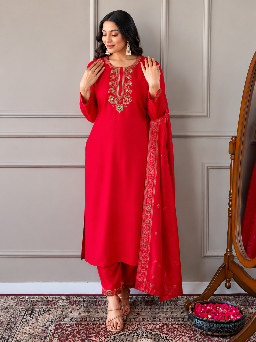 Red Embroidered Straight Kurta Pant Set with Dupatta for Women