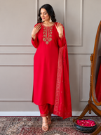 Red Embroidered Straight Kurta Pant Set with Dupatta for Women