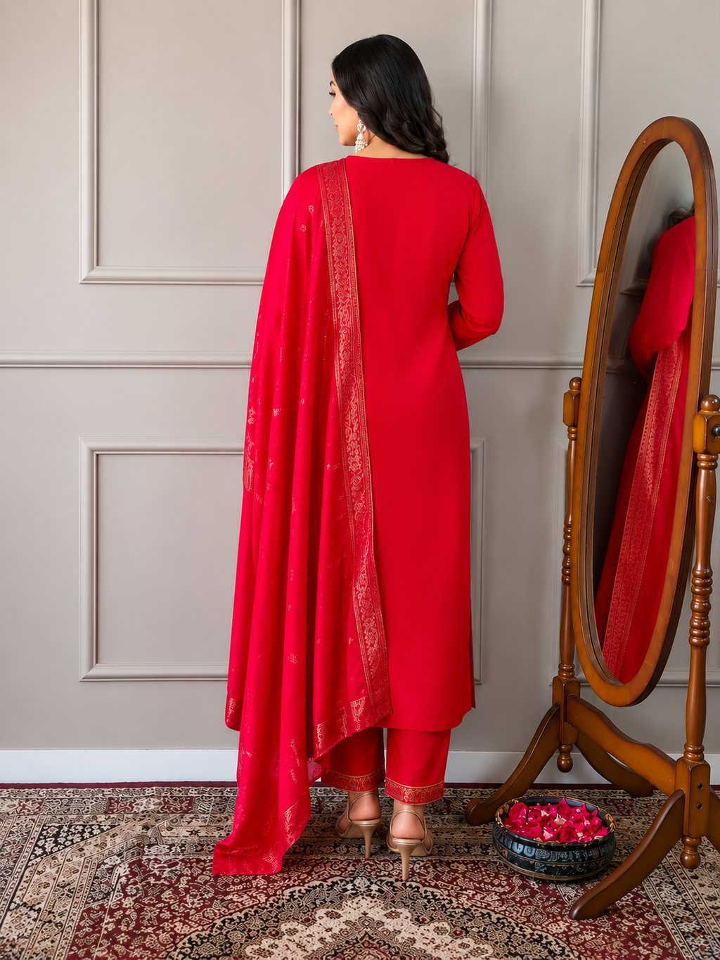 Red Embroidered Straight Kurta Pant Set with Dupatta for Women