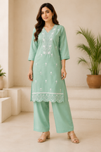 Women’s Mint Green Embroidered Kurta Pant Dupatta Set | Elegant Ethnic Wear