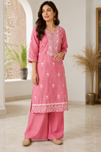 Women's Pink Hand Embroidered Cotton Kurta Pant Set | Floral Lucknowi Chikankari Style Ethnic Wear