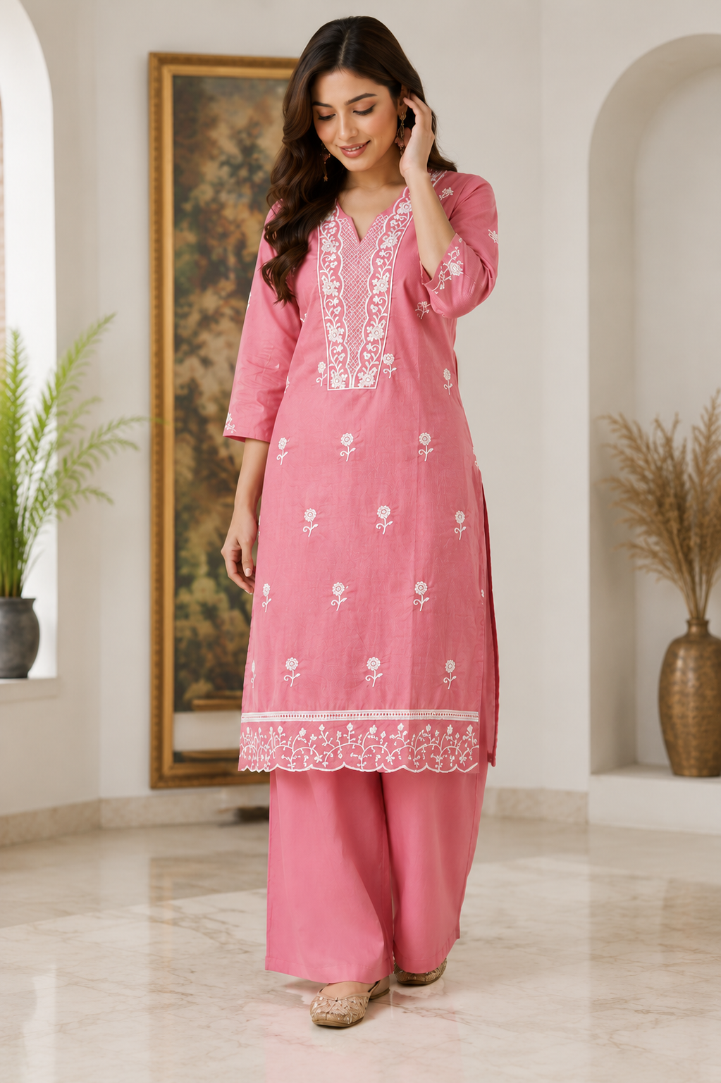 Women's Pink Hand Embroidered Cotton Kurta Pant Set | Floral Lucknowi Chikankari Style Ethnic Wear