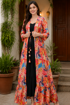 Women's Floral Printed Long Shrug | Boho Open Front Maxi Cover Up