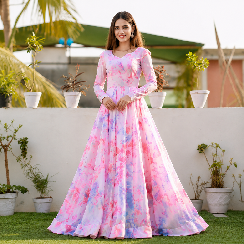Women's Pink Floral Print Maxi Gown | Elegant Long Party & Occasion Dress