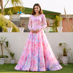 Women's Pink Floral Print Maxi Gown | Elegant Long Party & Occasion Dress