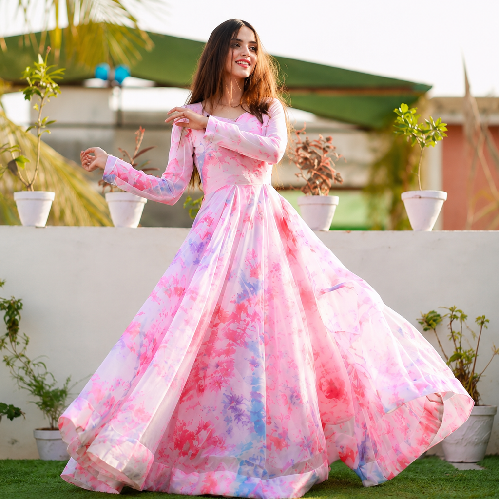 Women's Pink Floral Print Maxi Gown | Elegant Long Party & Occasion Dress