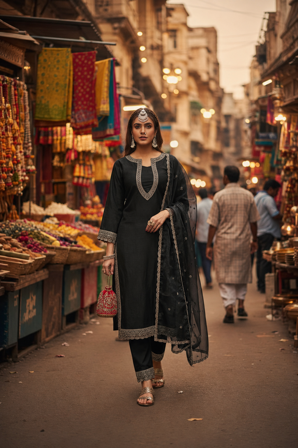 Elegant Black Cotton Kurta Set with Embellished Detailing for Women