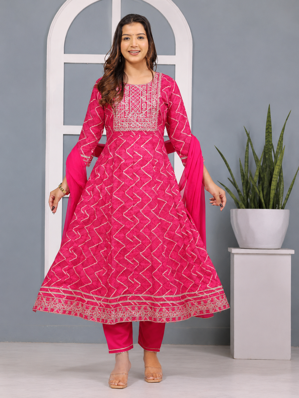 Pink Embroidered Anarkali Suit Set for Women