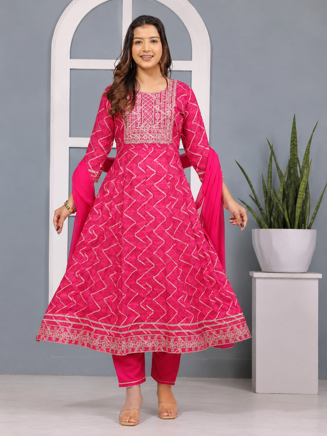 Pink Embroidered Anarkali Suit Set for Women