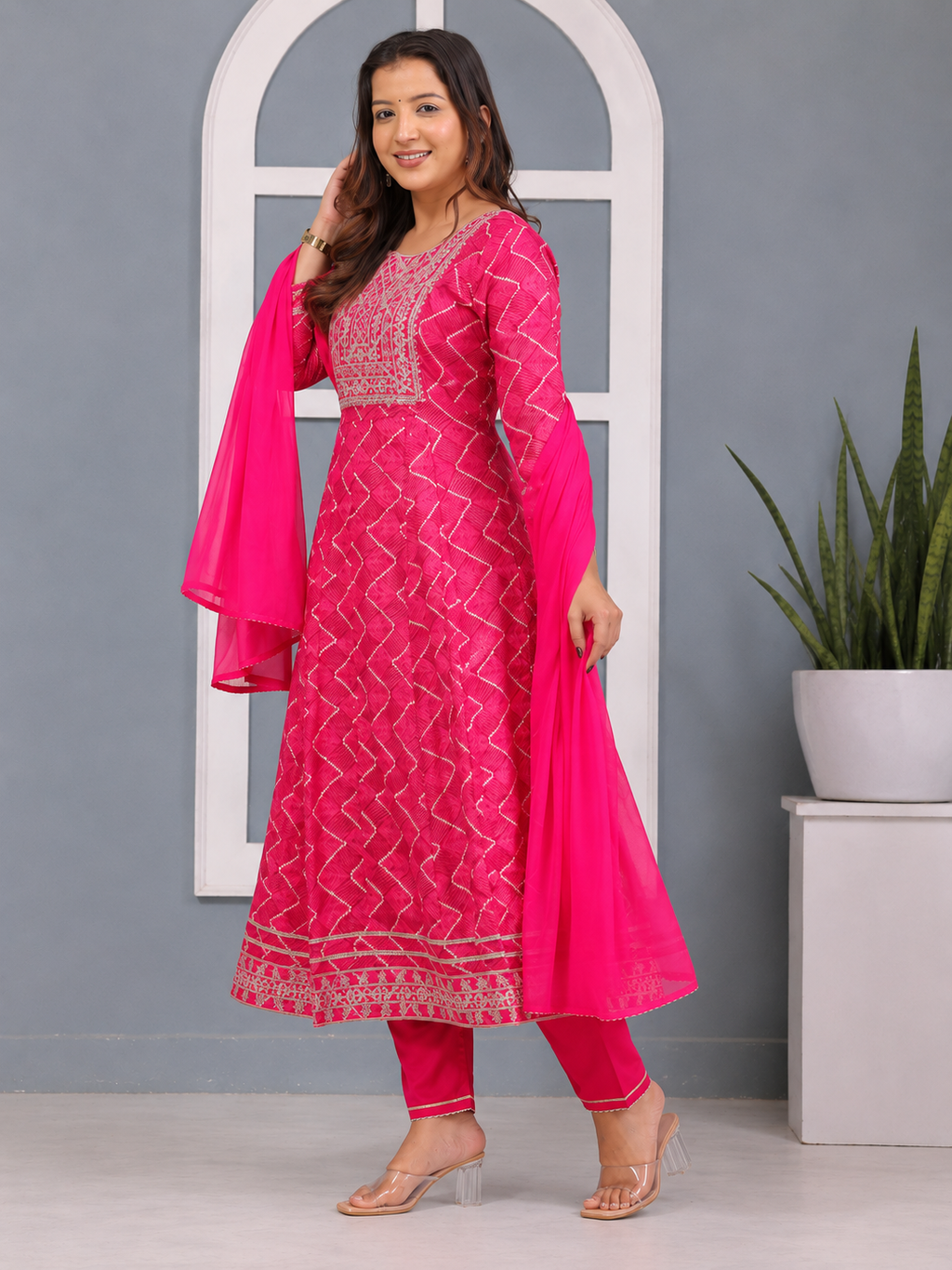 Pink Embroidered Anarkali Suit Set for Women