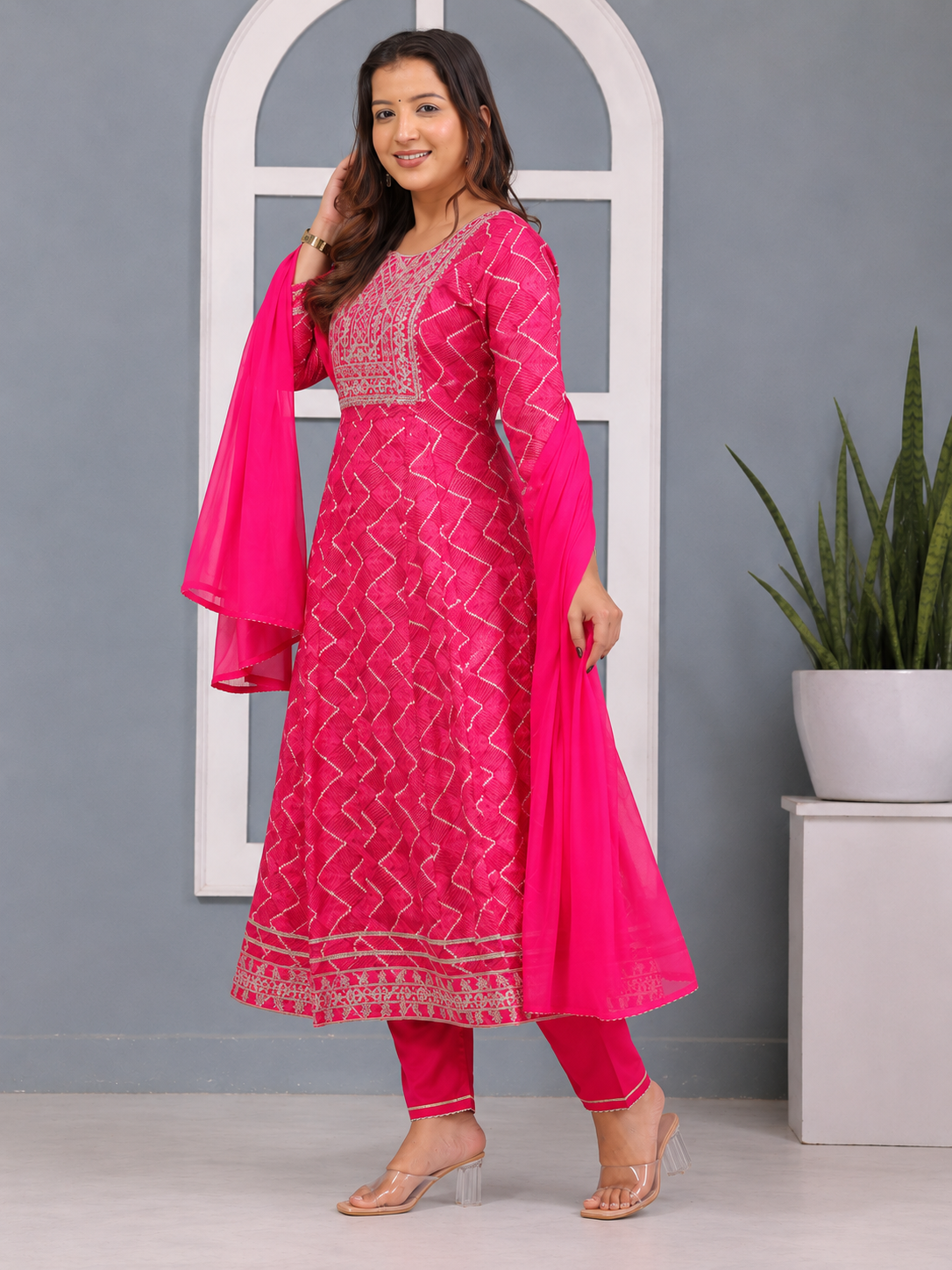 Pink Embroidered Anarkali Suit Set for Women