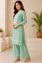 Women’s Mint Green Embroidered Kurta Pant Dupatta Set | Elegant Ethnic Wear