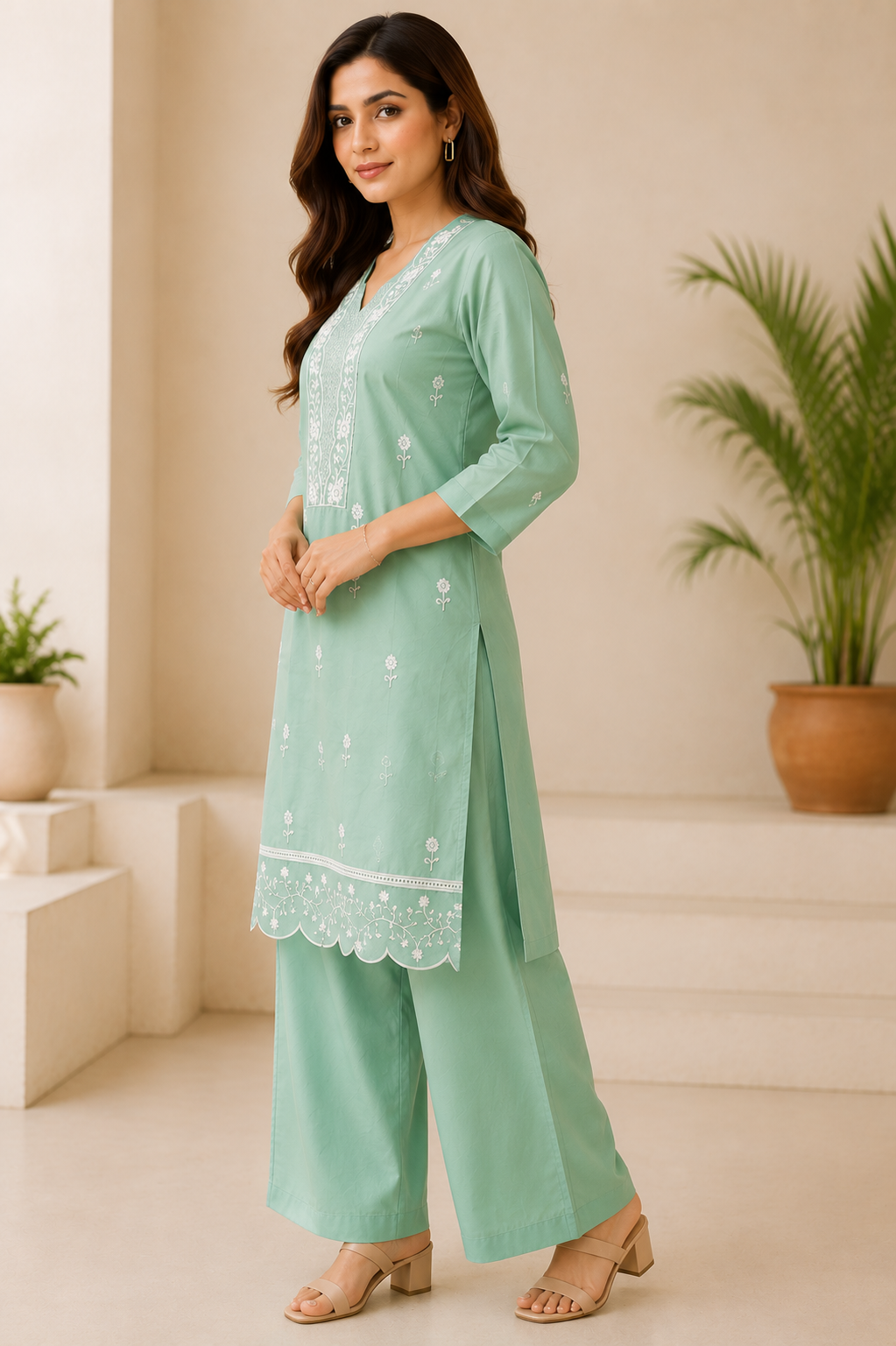 Women’s Mint Green Embroidered Kurta Pant Dupatta Set | Elegant Ethnic Wear