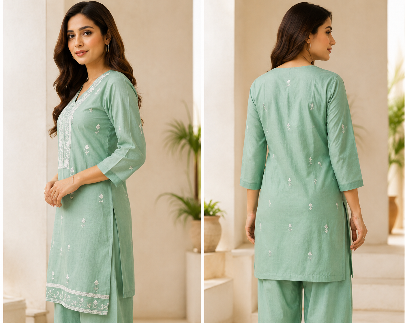 Women’s Mint Green Embroidered Kurta Pant Dupatta Set | Elegant Ethnic Wear