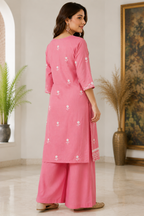 Women's Pink Hand Embroidered Cotton Kurta Pant Set | Floral Lucknowi Chikankari Style Ethnic Wear