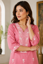 Women's Pink Hand Embroidered Cotton Kurta Pant Set | Floral Lucknowi Chikankari Style Ethnic Wear