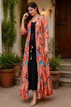 Women's Floral Printed Long Shrug | Boho Open Front Maxi Cover Up