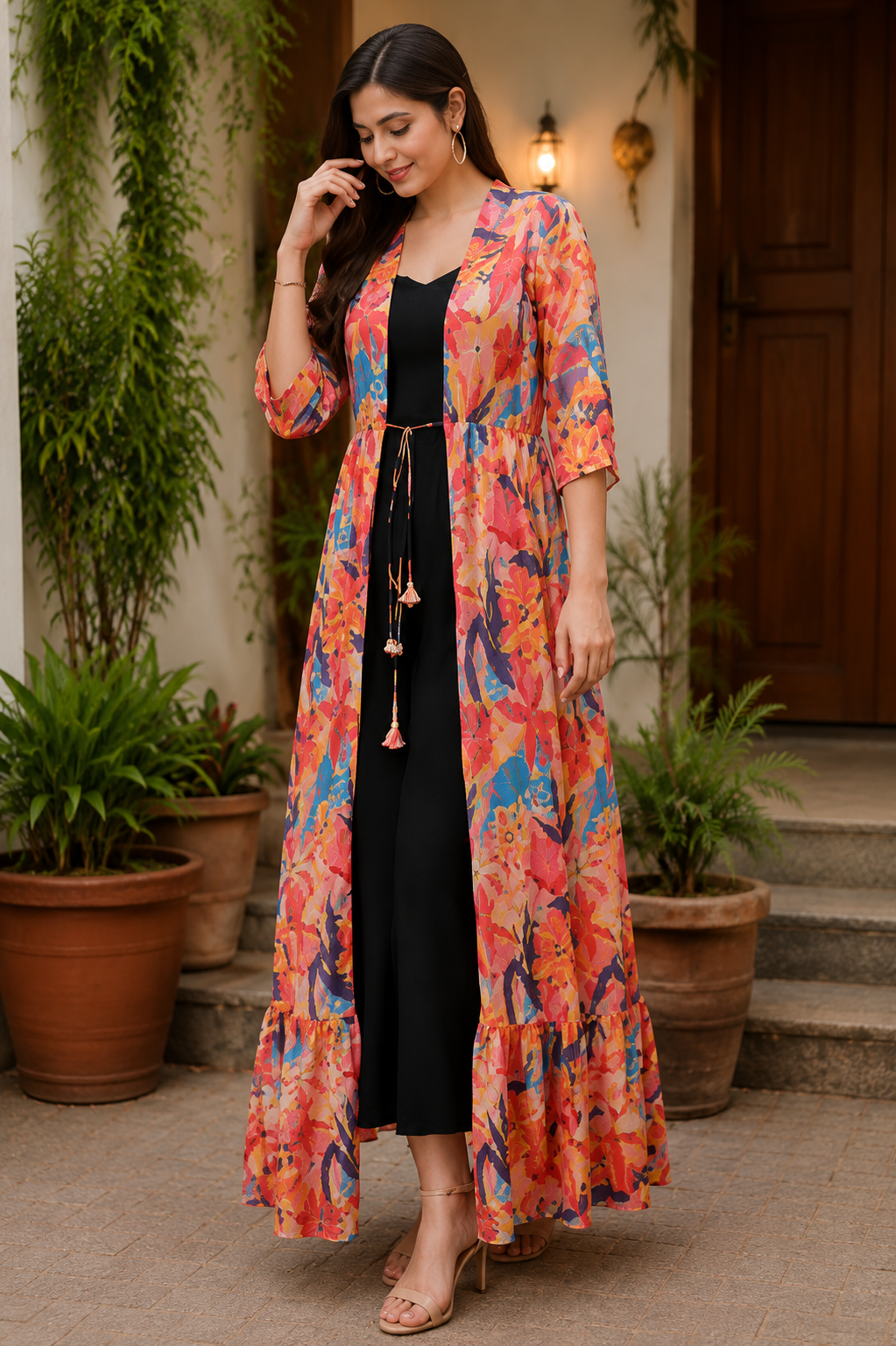 Women's Floral Printed Long Shrug | Boho Open Front Maxi Cover Up
