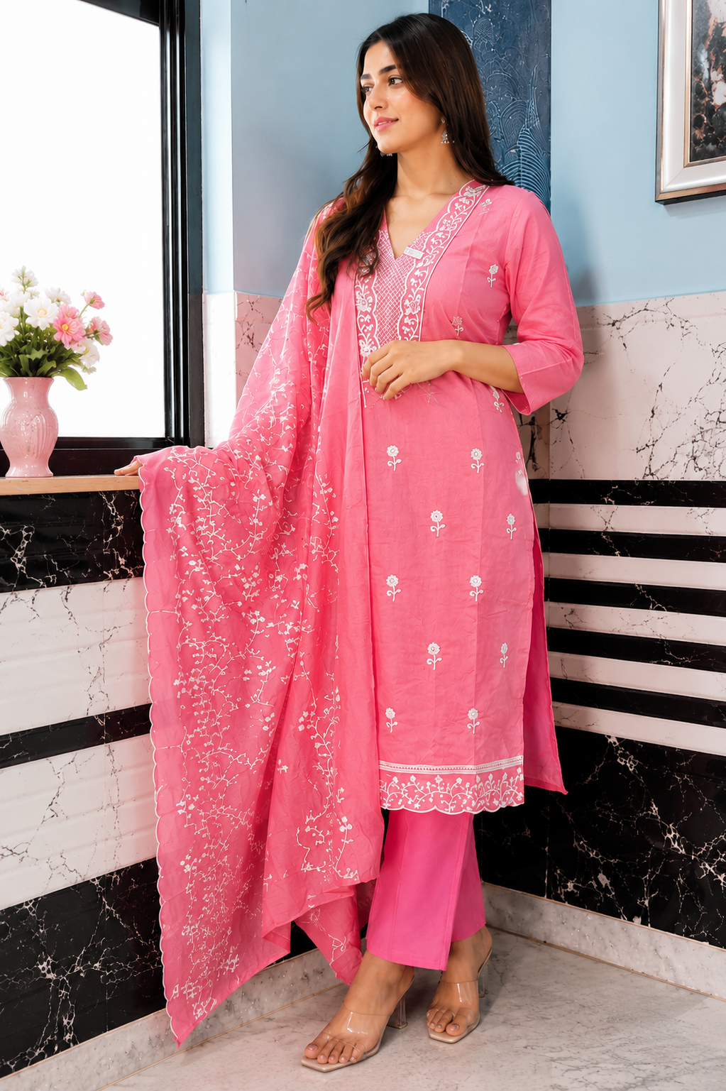 Women's Pink Hand Embroidered Cotton Kurta Pant Set | Floral Lucknowi Chikankari Style Ethnic Wear