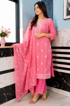 Women's Pink Hand Embroidered Cotton Kurta Pant Set | Floral Lucknowi Chikankari Style Ethnic Wear