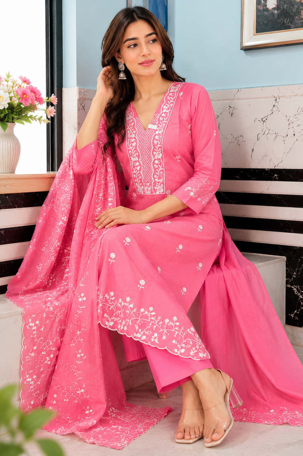 Women's Pink Hand Embroidered Cotton Kurta Pant Set | Floral Lucknowi Chikankari Style Ethnic Wear