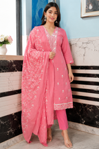 Women's Pink Hand Embroidered Cotton Kurta Pant Set | Floral Lucknowi Chikankari Style Ethnic Wear
