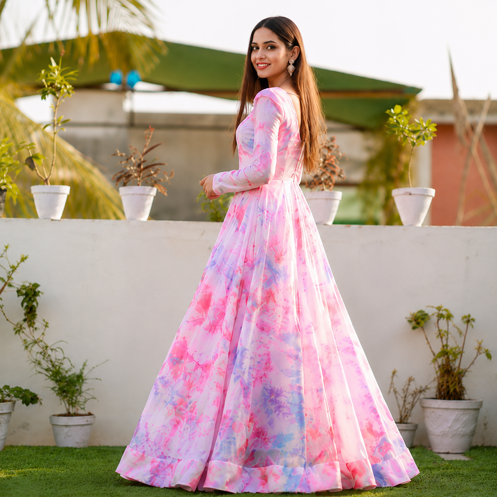 Women's Pink Floral Print Maxi Gown | Elegant Long Party & Occasion Dress