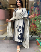 White & Navy Blue Floral Cotton Suit Set with Dupatta | Elegant Ethnic Wear for Women