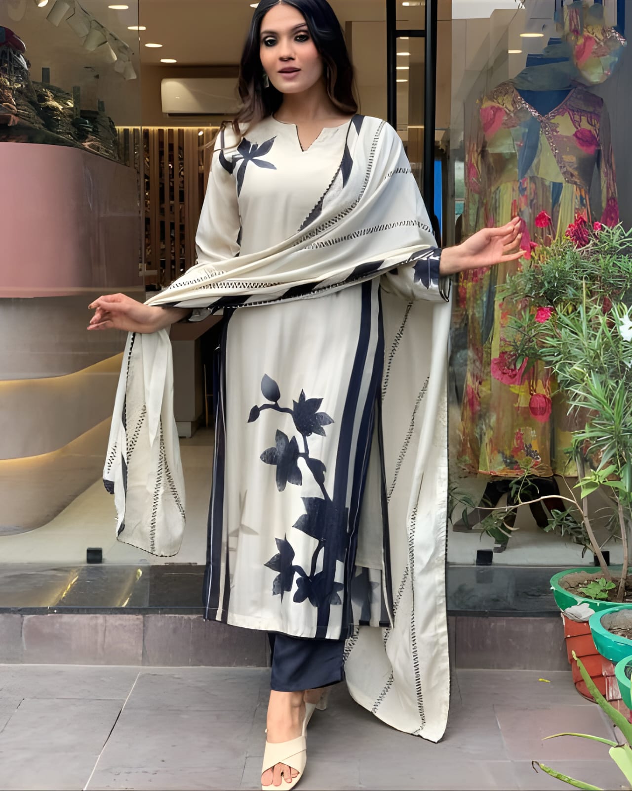 White & Navy Blue Floral Cotton Suit Set with Dupatta | Elegant Ethnic Wear for Women