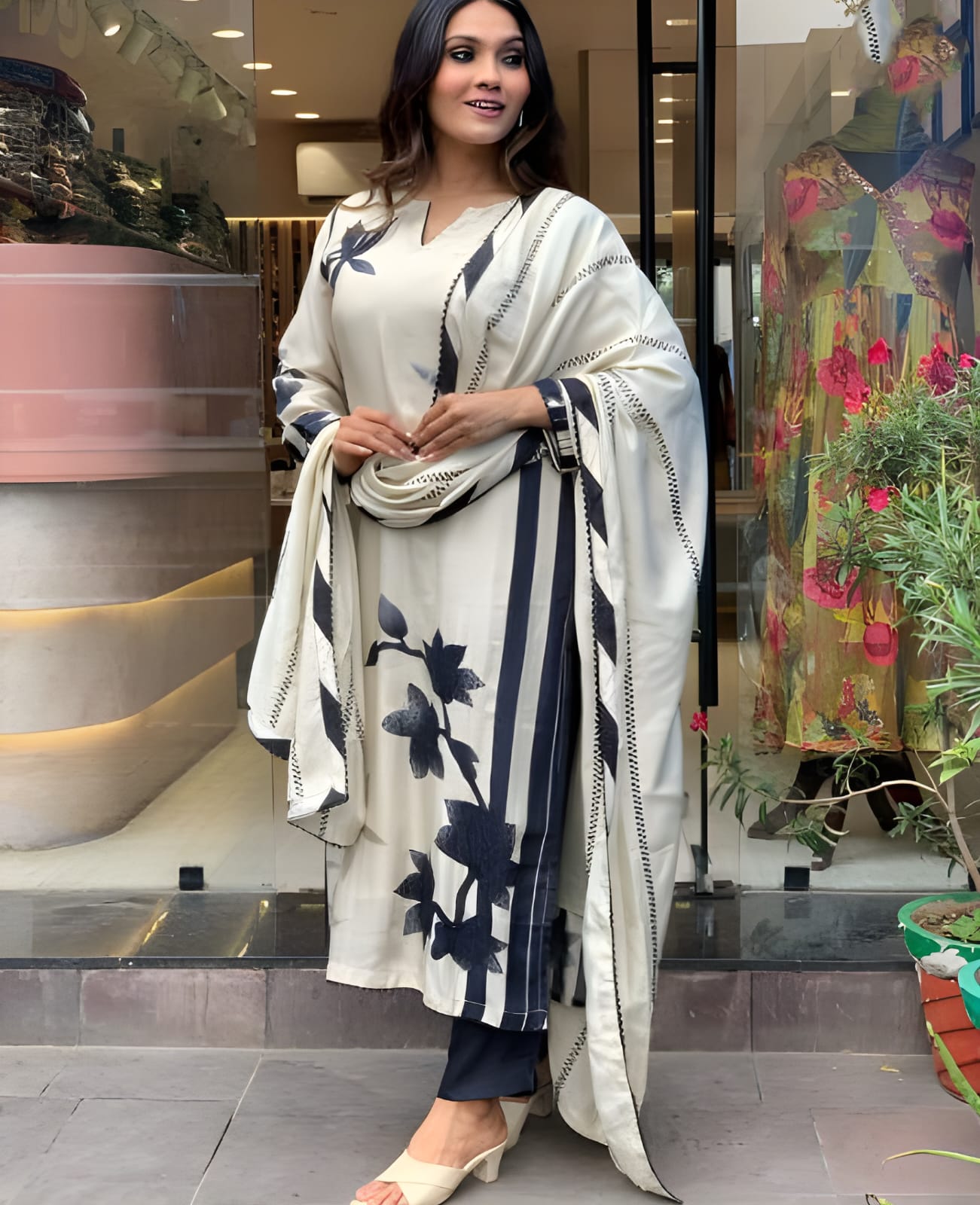 White & Navy Blue Floral Cotton Suit Set with Dupatta | Elegant Ethnic Wear for Women