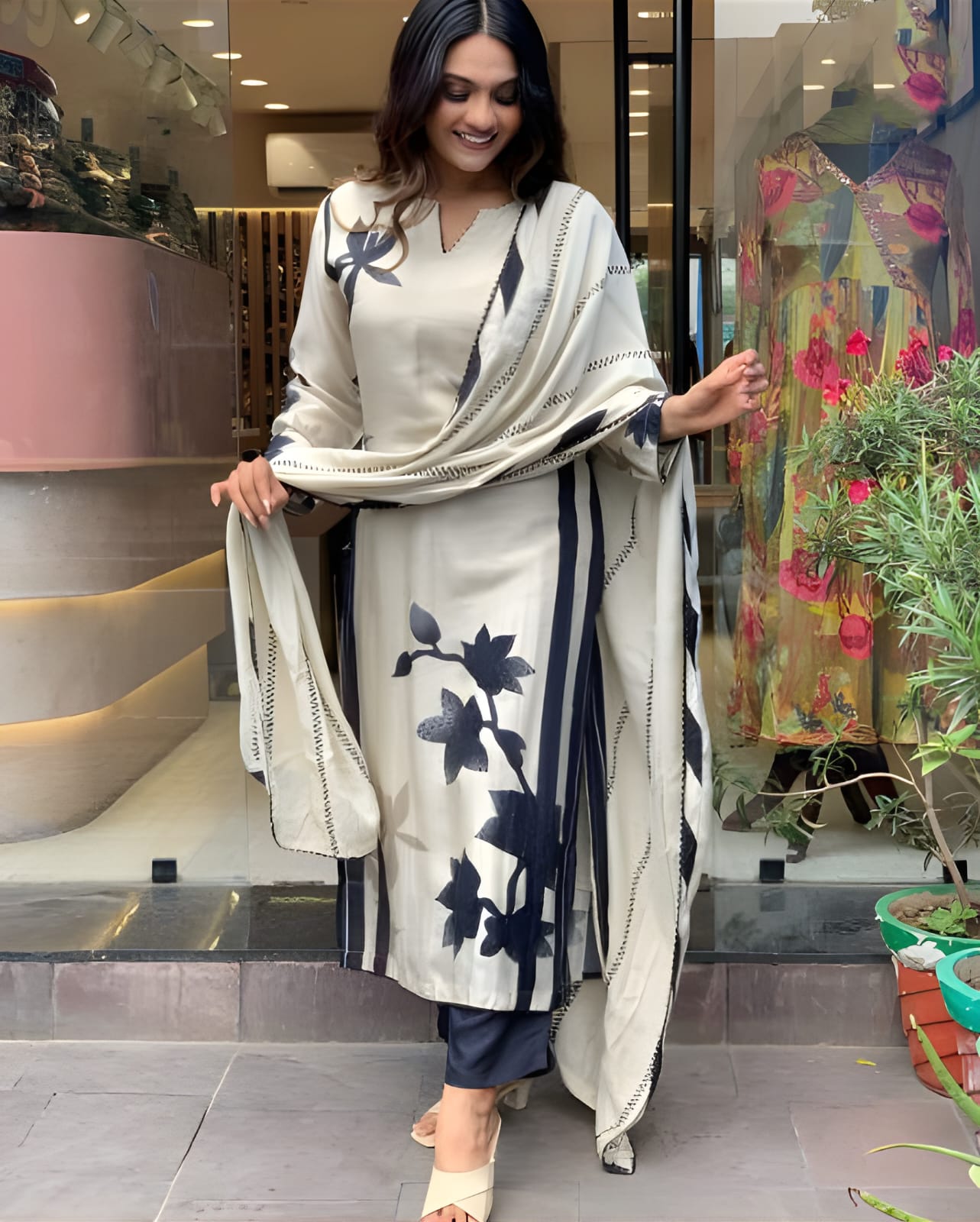 White & Navy Blue Floral Cotton Suit Set with Dupatta | Elegant Ethnic Wear for Women