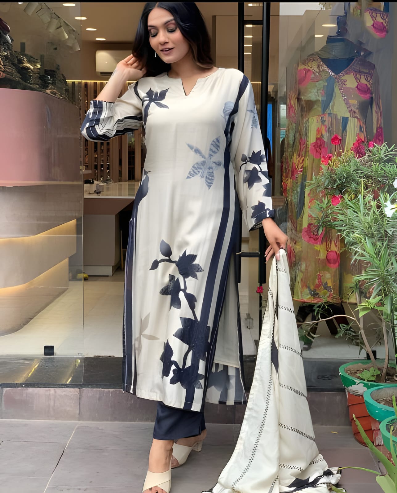 White & Navy Blue Floral Cotton Suit Set with Dupatta | Elegant Ethnic Wear for Women
