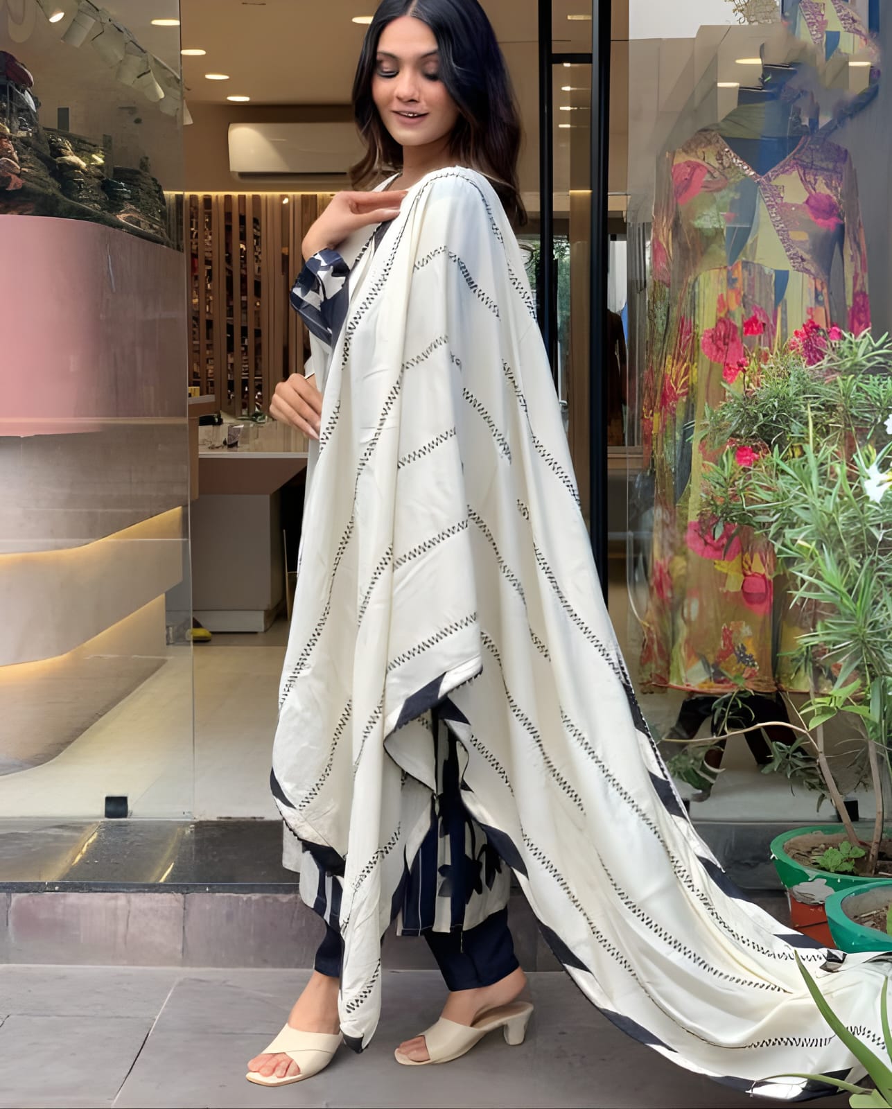 White & Navy Blue Floral Cotton Suit Set with Dupatta | Elegant Ethnic Wear for Women