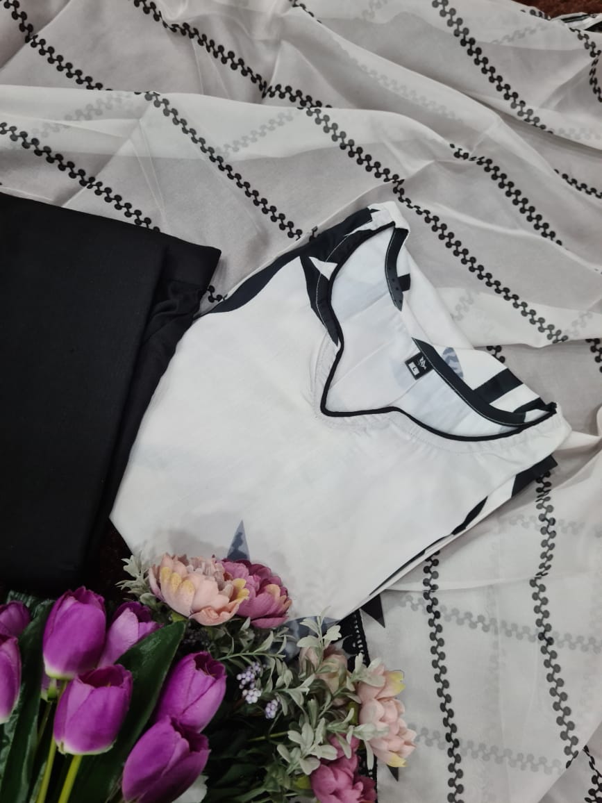 White & Navy Blue Floral Cotton Suit Set with Dupatta | Elegant Ethnic Wear for Women