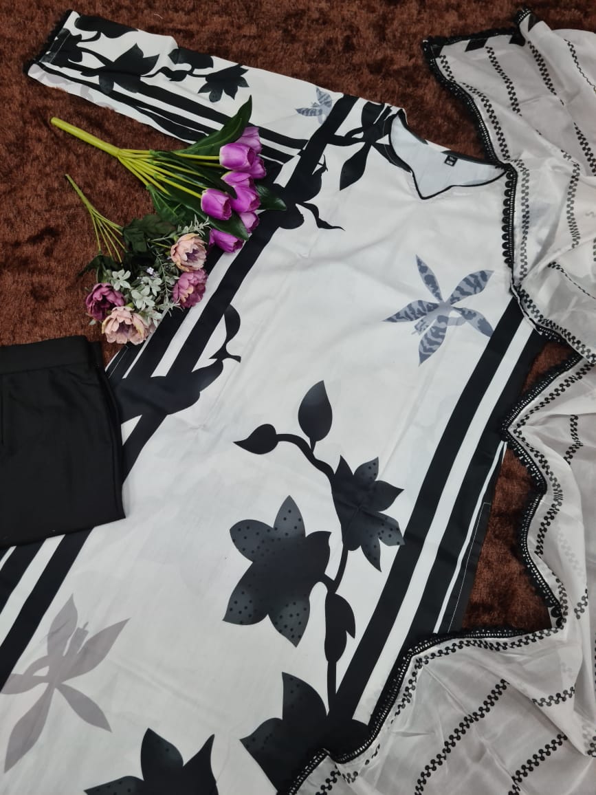 White & Navy Blue Floral Cotton Suit Set with Dupatta | Elegant Ethnic Wear for Women