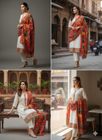 Off-White Cotton Suit Set with Multicolor Dupatta | Elegant Festive & Ethnic Wear for Women