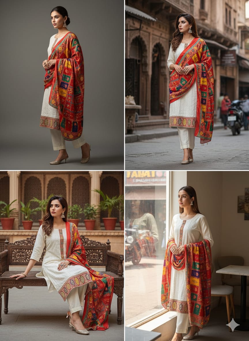Off-White Cotton Suit Set with Multicolor Dupatta | Elegant Festive & Ethnic Wear for Women