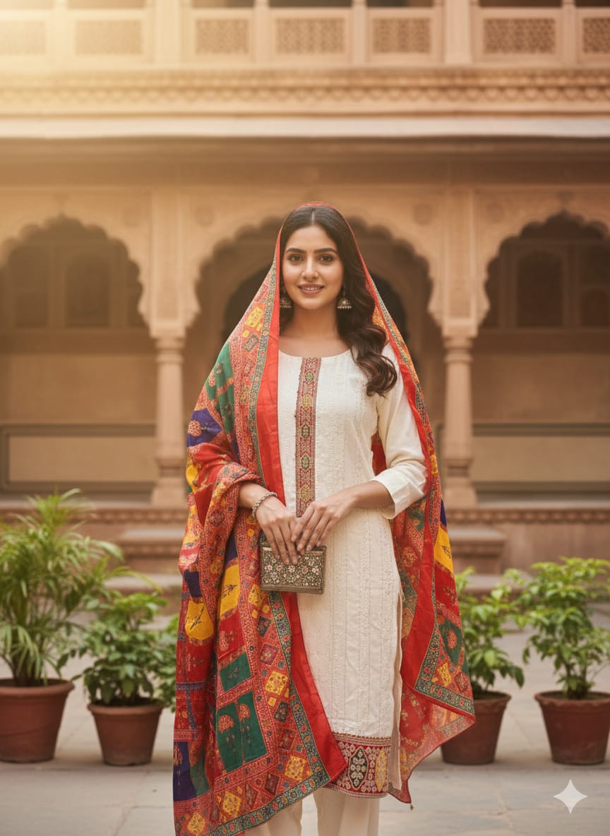 Off-White Cotton Suit Set with Multicolor Dupatta | Elegant Festive & Ethnic Wear for Women