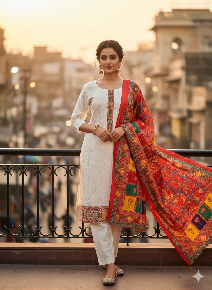 Off-White Cotton Suit Set with Multicolor Dupatta | Elegant Festive & Ethnic Wear for Women