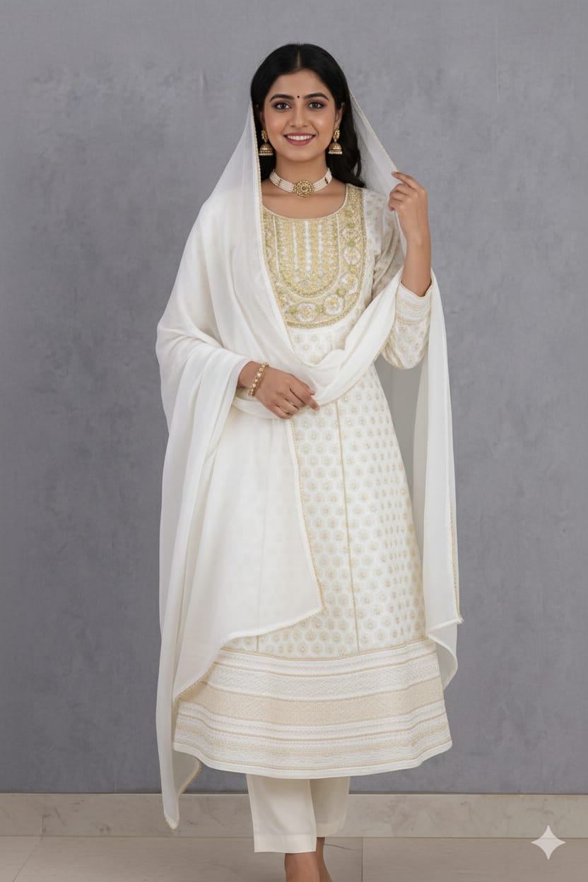 Timeless Off-White Cotton Suit Set with Multicolor Dupatta for Women