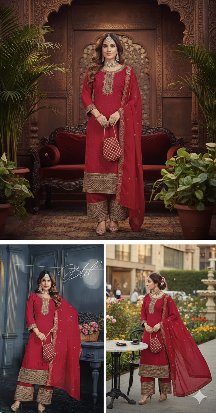 Traditional Red Cotton Anarkali Dress with Embroidery – Elegant Indian Ethnic Wear for Women