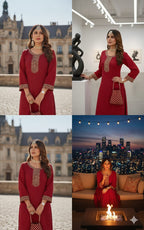 Traditional Red Cotton Anarkali Dress with Embroidery – Elegant Indian Ethnic Wear for Women