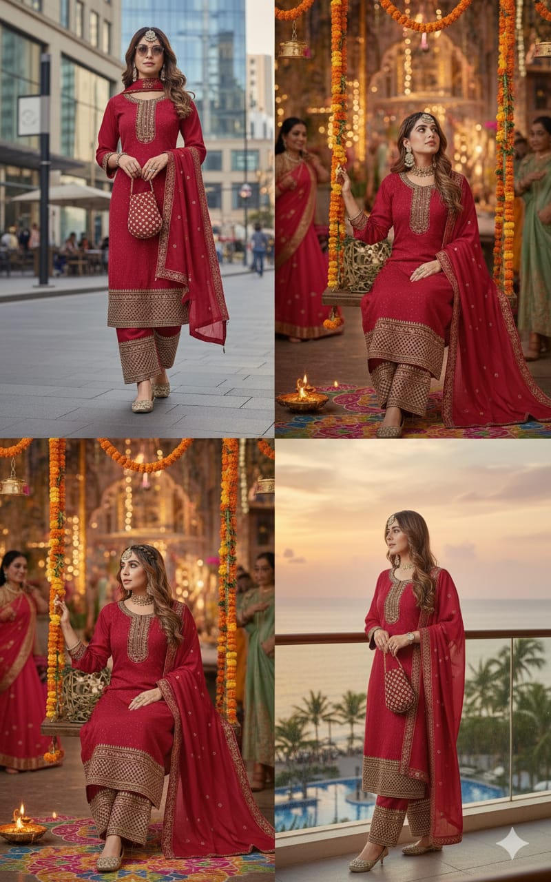 Traditional Red Cotton Anarkali Dress with Embroidery – Elegant Indian Ethnic Wear for Women