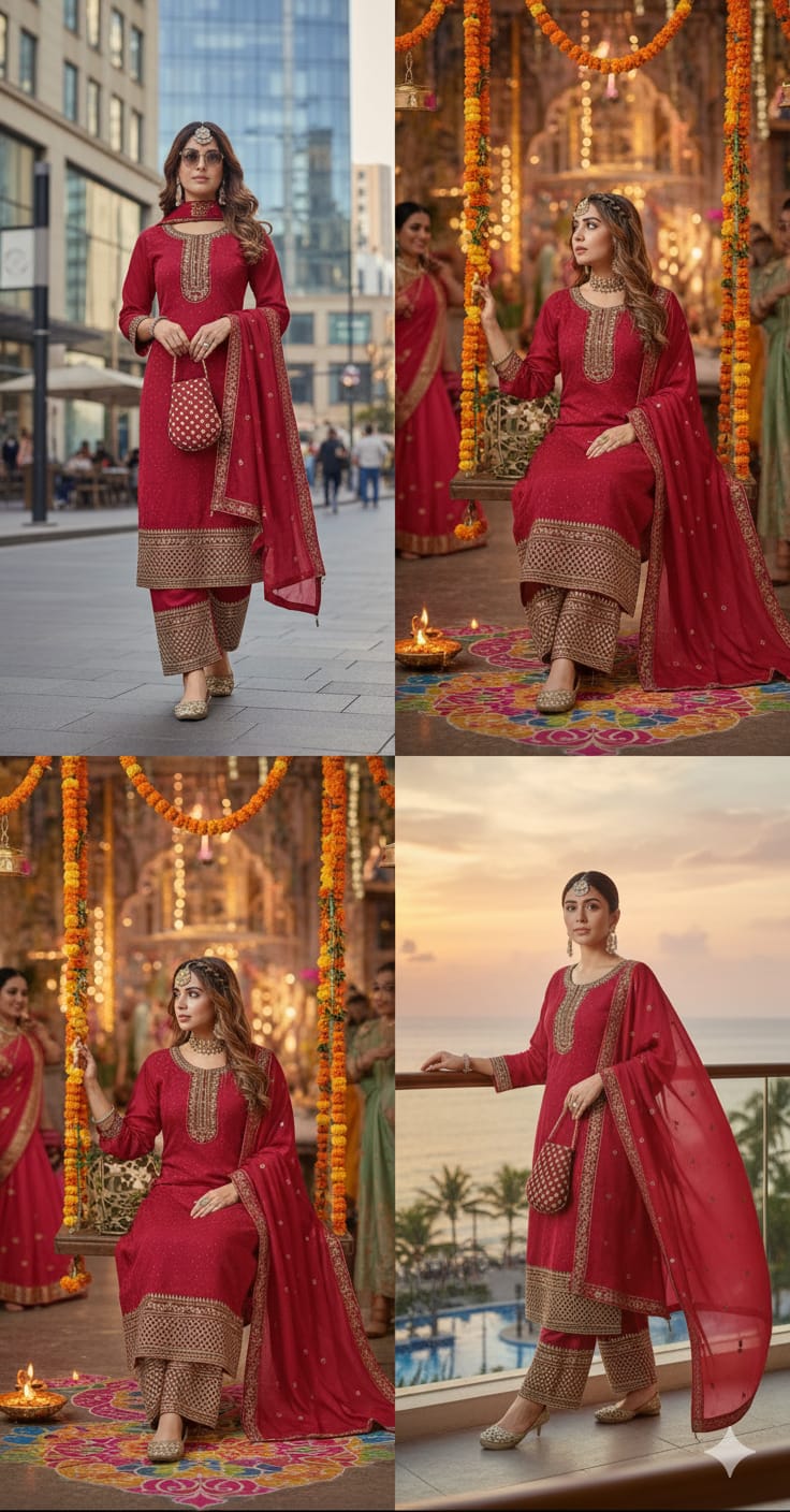 Traditional Red Cotton Anarkali Dress with Embroidery – Elegant Indian Ethnic Wear for Women