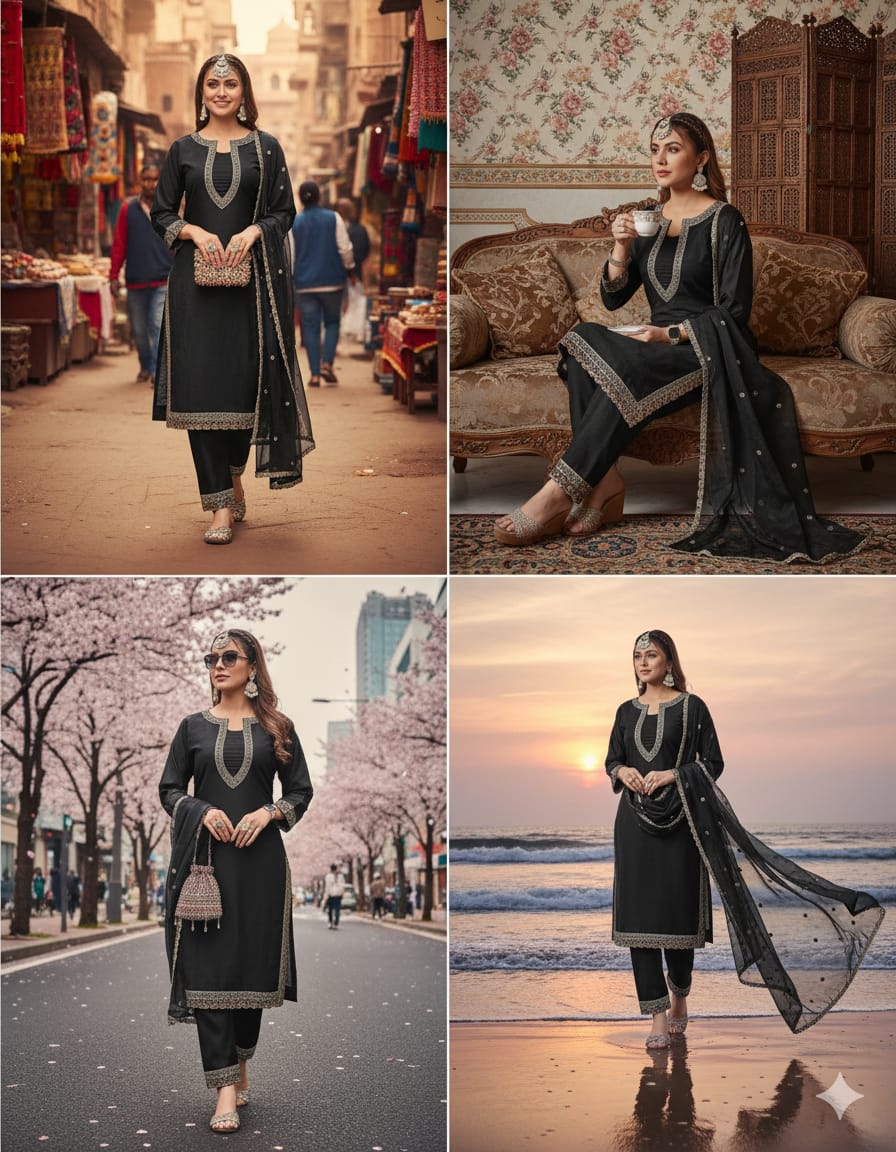 Elegant Black Cotton Kurta Set with Embellished Detailing for Women
