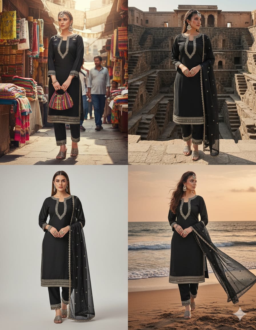 Elegant Black Cotton Kurta Set with Embellished Detailing for Women