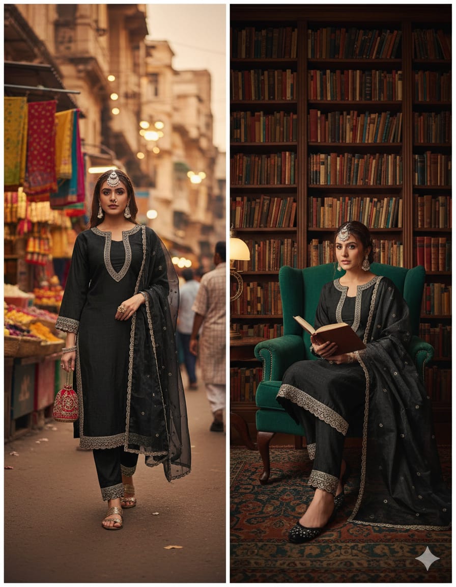Elegant Black Cotton Kurta Set with Embellished Detailing for Women