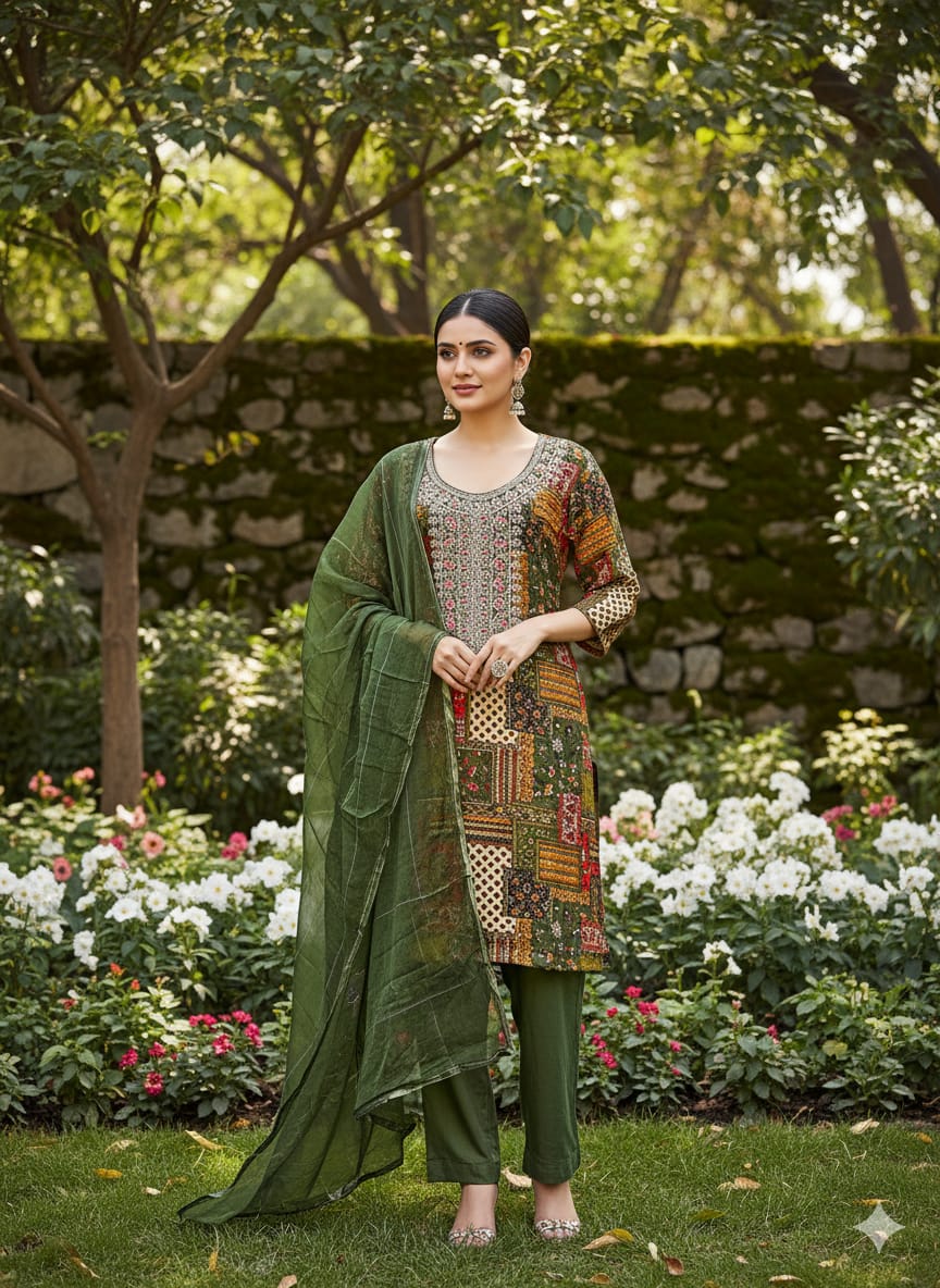 Elegant Green Cotton Traditional Kurta Set with Embroidered Design