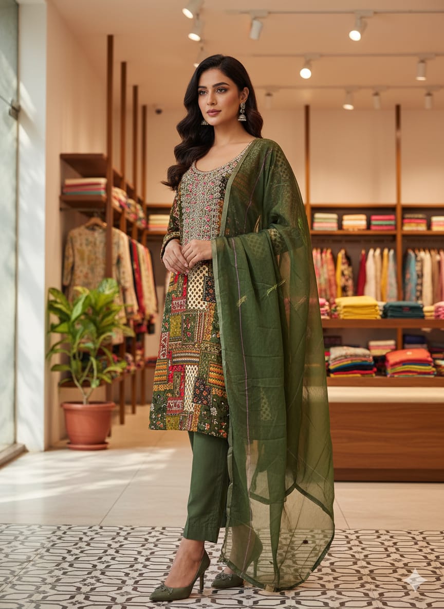 Elegant Green Cotton Traditional Kurta Set with Embroidered Design